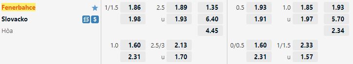 Ty le keo Fenerbahce vs Slovacko