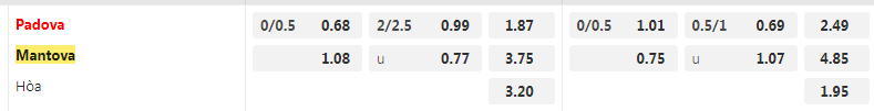 Tỷ lệ kèo Padova vs Mantova