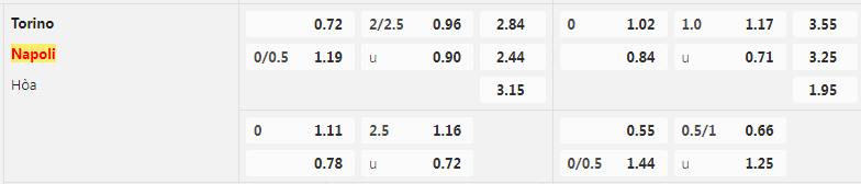 Tỷ lệ kèo Torino vs Napoli