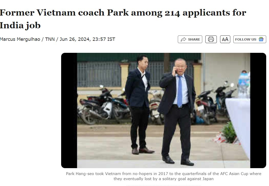 Tờ Times of India đưa tin HLV Park Hang Seo xin dẫn dắt ĐT Ấn Độ