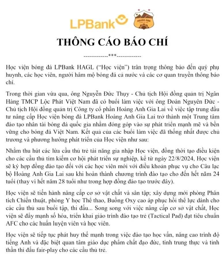 Thông cáo của CLB HAGL về việc thay đổi công tác đào tạo