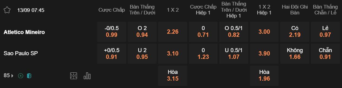 Tỷ lệ kèo Atletico Mineiro vs Sao Paulo